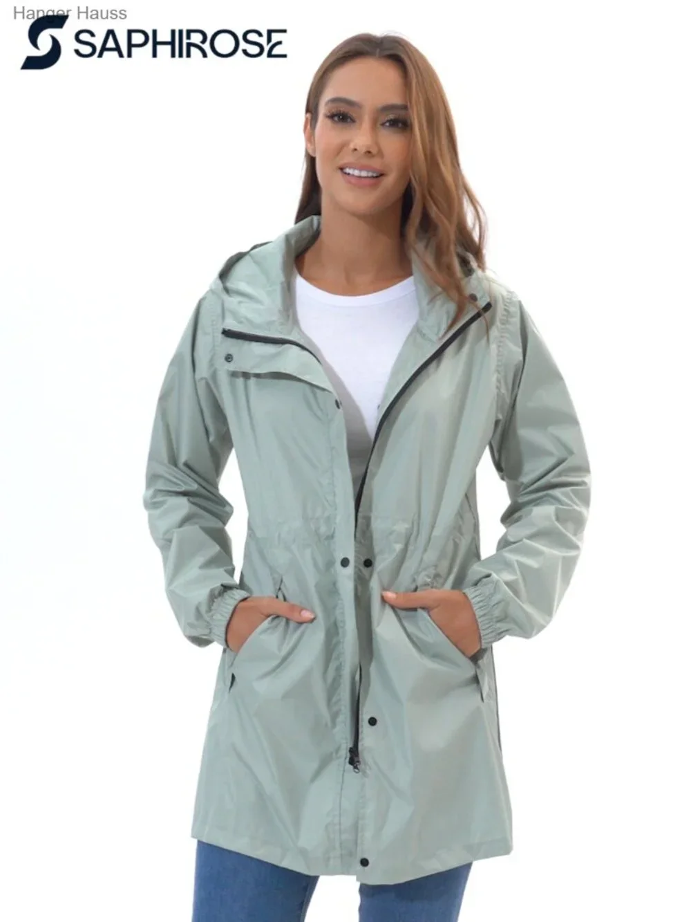 Lightweight Packable Long Rain Jacket Hooded Waterproof Trench Coat for Women